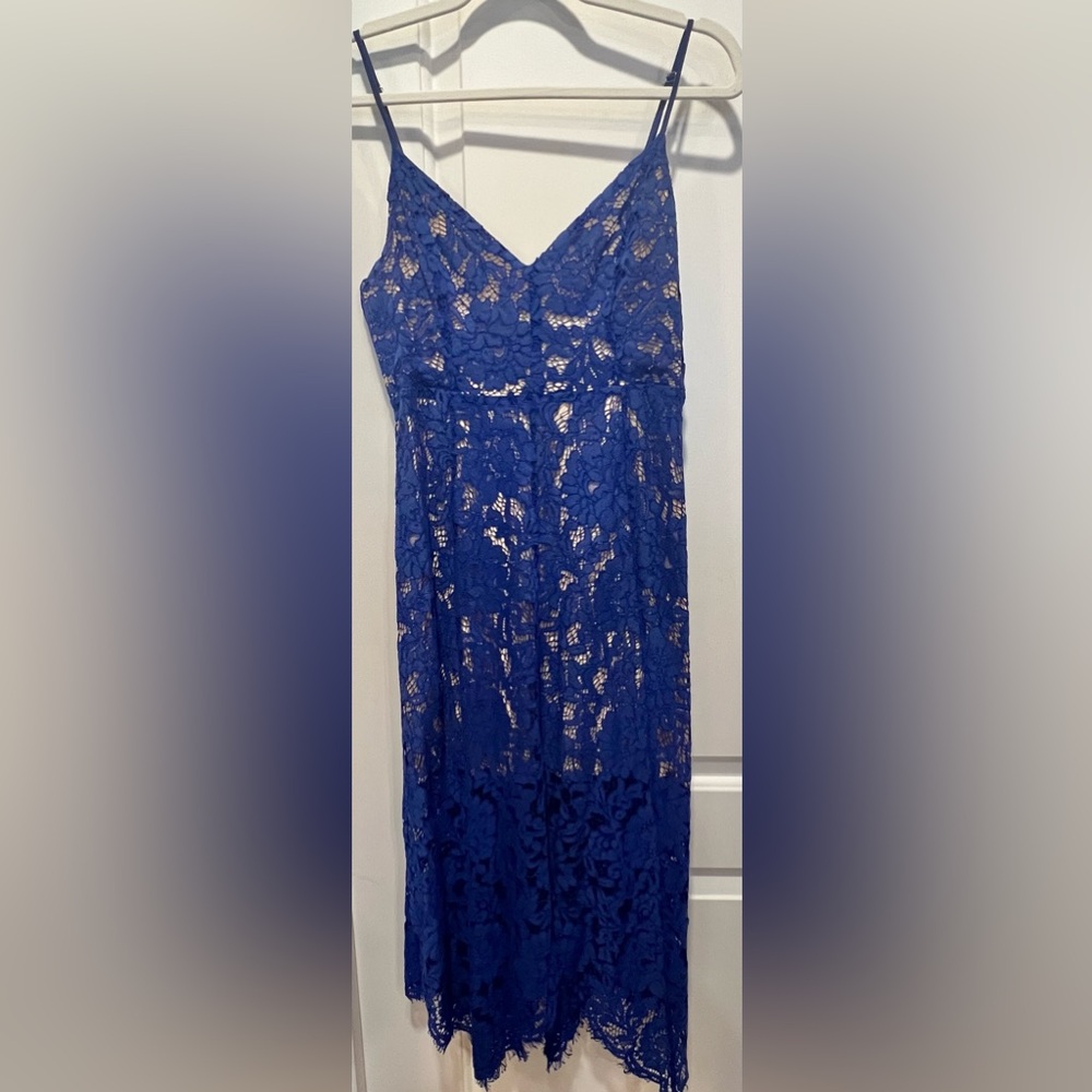 Lulu’s Dress - blue lace / cream slip, small, Tank top, midi